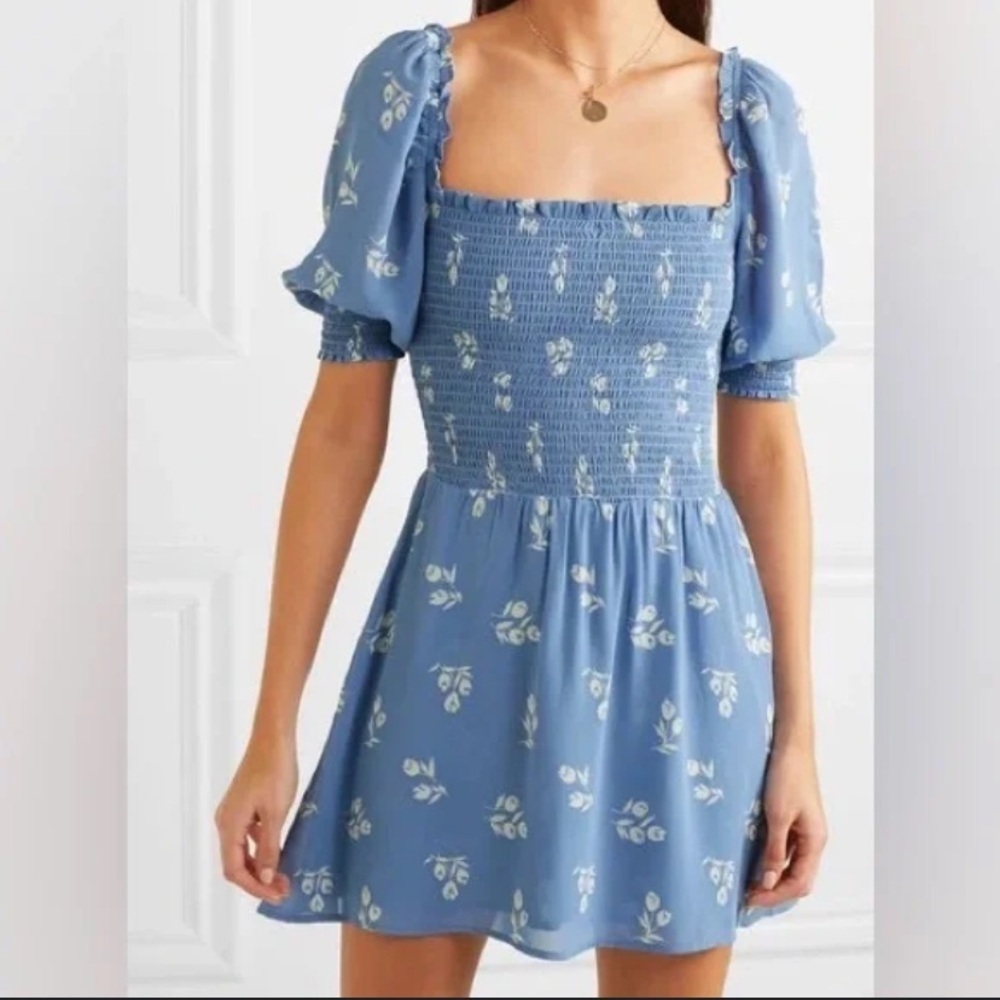 Reformation Elle Shirred Floral-print Georgette Mini Dress Blue 26820